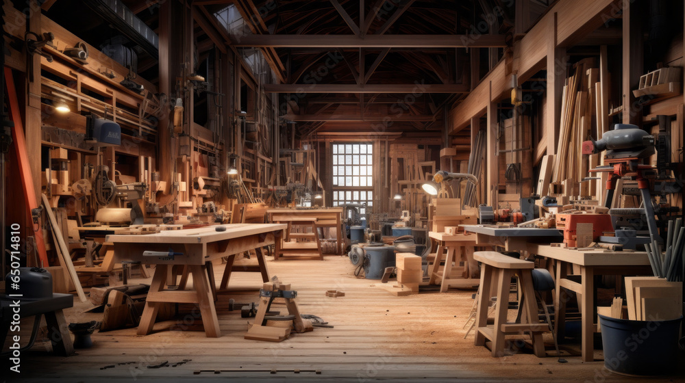 Artisanal Woodworking Workshop: A creative space adorned with handcrafted wooden furniture, an array of woodworking tools, and artisanal textiles, perfect for crafting  - obrazy, fototapety, plakaty 