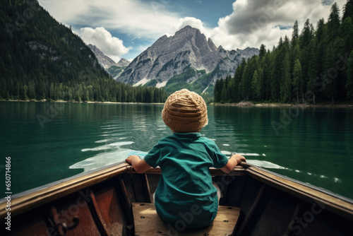 little boy in a boat on peaceful lake outdoor adventure