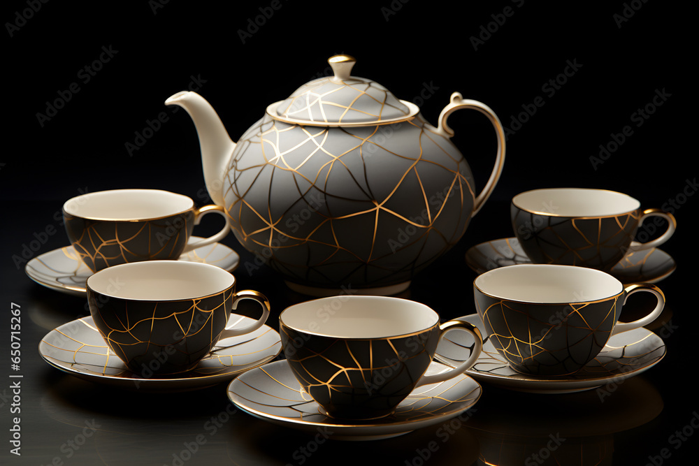 A full view of a whimsical tea set with half-filled tea cups with hot tea adorned with algorithmic patterns. 
