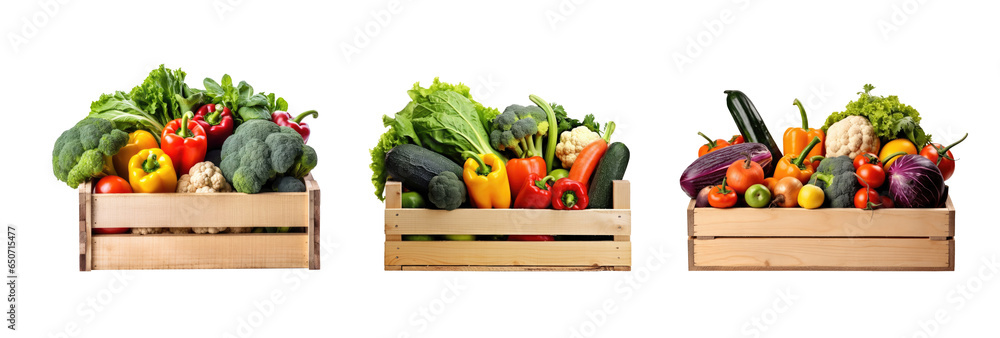 Set of pile vegetables in wooden crate for healthy food concept isolated on transparent background.Generative Ai - obrazy, fototapety, plakaty 