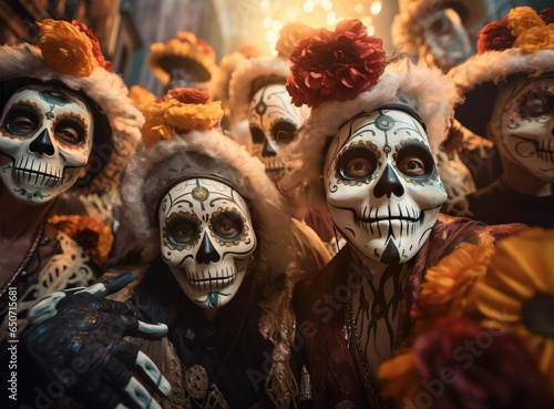 A group of people in costumes of the dead at the Dia de los Muertos festival