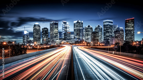 A busy urban highway with motion blur, captured in an image. Cars and lights whizz by, creating a sense of movement and activity.