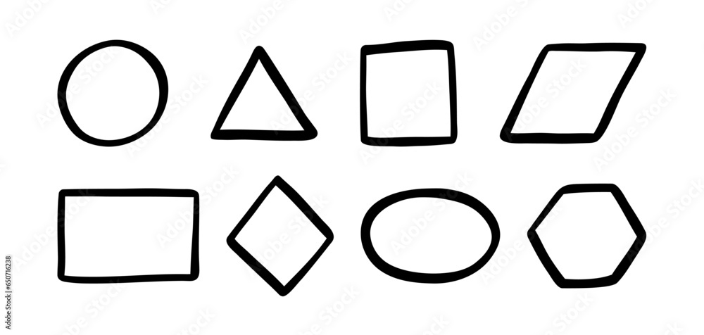 Doodle basic geometric shapes set. Hand drawn math figure icons collection. Doodle cute circle, square and triangle. Child drawing for learning games. Vector illustration isolated on white background.