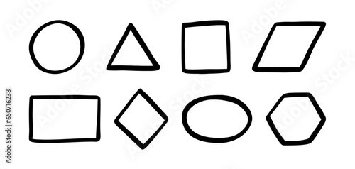 Doodle basic geometric shapes set. Hand drawn math figure icons collection. Doodle cute circle, square and triangle. Child drawing for learning games. Vector illustration isolated on white background.