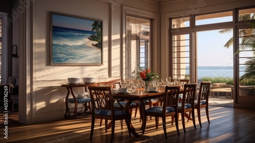 Large spacious dining room in bright colors and kortch furniture with panoramic windows photo