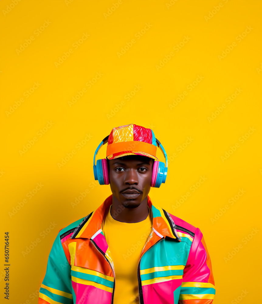 Obraz premium Young man in 90s style clothing wearing a headset looking stylish and funky. Fashion style photograph in a colorful 1990ies style. Yellow Studio background with copy space.