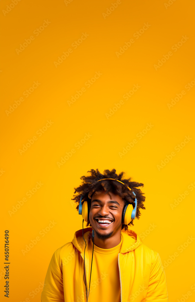 Young man in 90s style clothing wearing a headset looking stylish and funky. Fashion style photograph in a colorful 1990ies style. Yellow Studio background with copy space. Young man in 90s style clothing wearing a headset looking stylish and funky. Fashion style photograph in a colorful 1990ies style. Yellow Studio background with copy space.