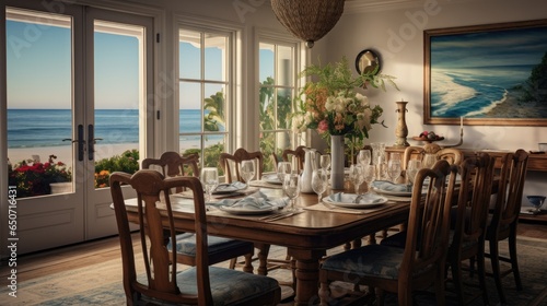 Spacious dining room in light colors and brown furniture overlooking the beach photo