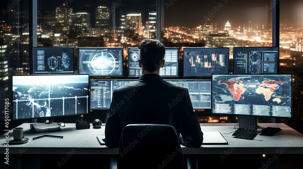 A male technical controller works diligently at his workstation in front of a computer screen, surrounded by various cables and equipment. A male technical controller works diligently at his workstation in front of a computer screen, surrounded by various cables and equipment.