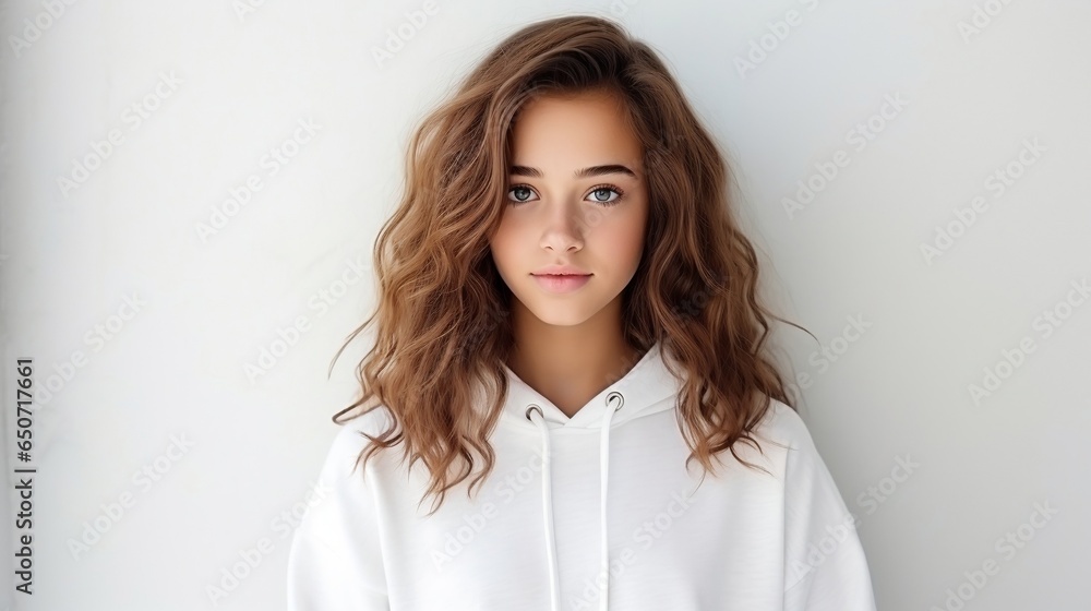 Beautiful young woman with long curly hair in a white hoodie. Beautiful young woman with long curly hair in a white hoodie.
