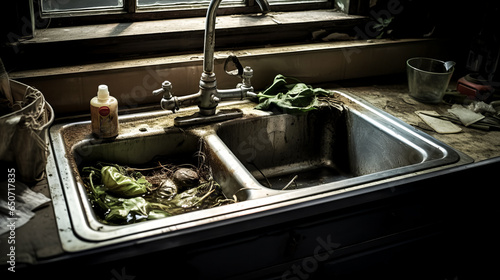 A kitchen sink with an array of dirty dishes and utensils strewn about on the counter and in the sink. photo