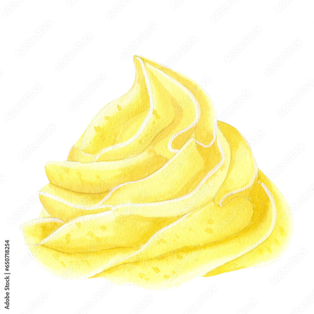 Cone yellow sweet cream. For cupcakes, muffins, ice cream, marshmallows. Food clipart. Hand drawn watercolor illustration isolated on white background. For cafe menu pastry shop Cone yellow sweet cream. For cupcakes, muffins, ice cream, marshmallows. Food clipart. Hand drawn watercolor illustration isolated on white background. For cafe menu pastry shop
