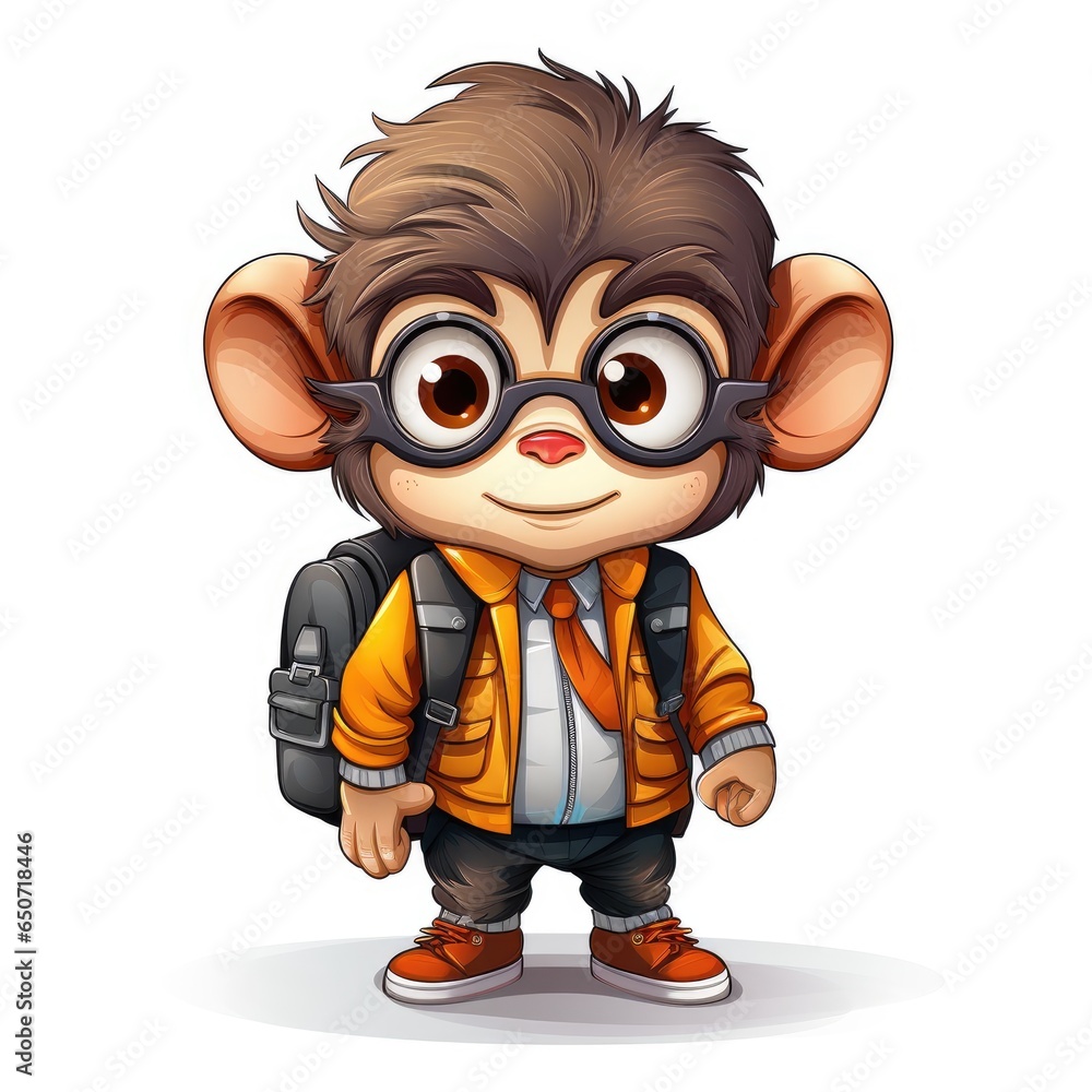 Cute Monkey goes to school in cartoon style on a white background Cute Monkey goes to school in cartoon style on a white background