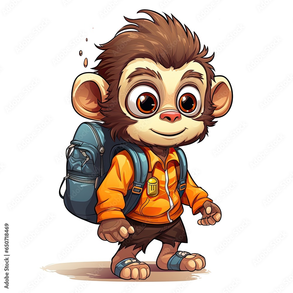 Cute Monkey goes to school in cartoon style on a white background Cute Monkey goes to school in cartoon style on a white background