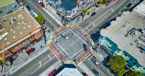 Rainbow crosswalks in Castro District aerial downward view with shops