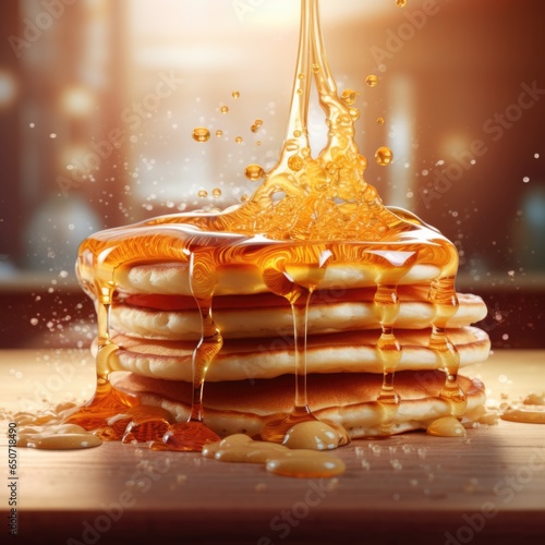 Pancake stack immersed in syrup with splashes and waves