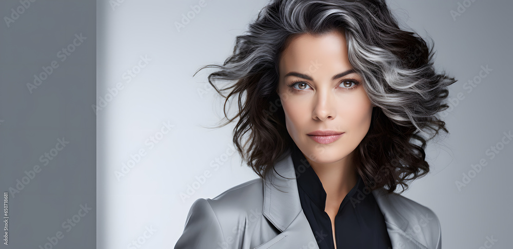 Beautiful young woman with dark long hair portrait isolated on light grey background Beautiful young woman with dark long hair portrait isolated on light grey background