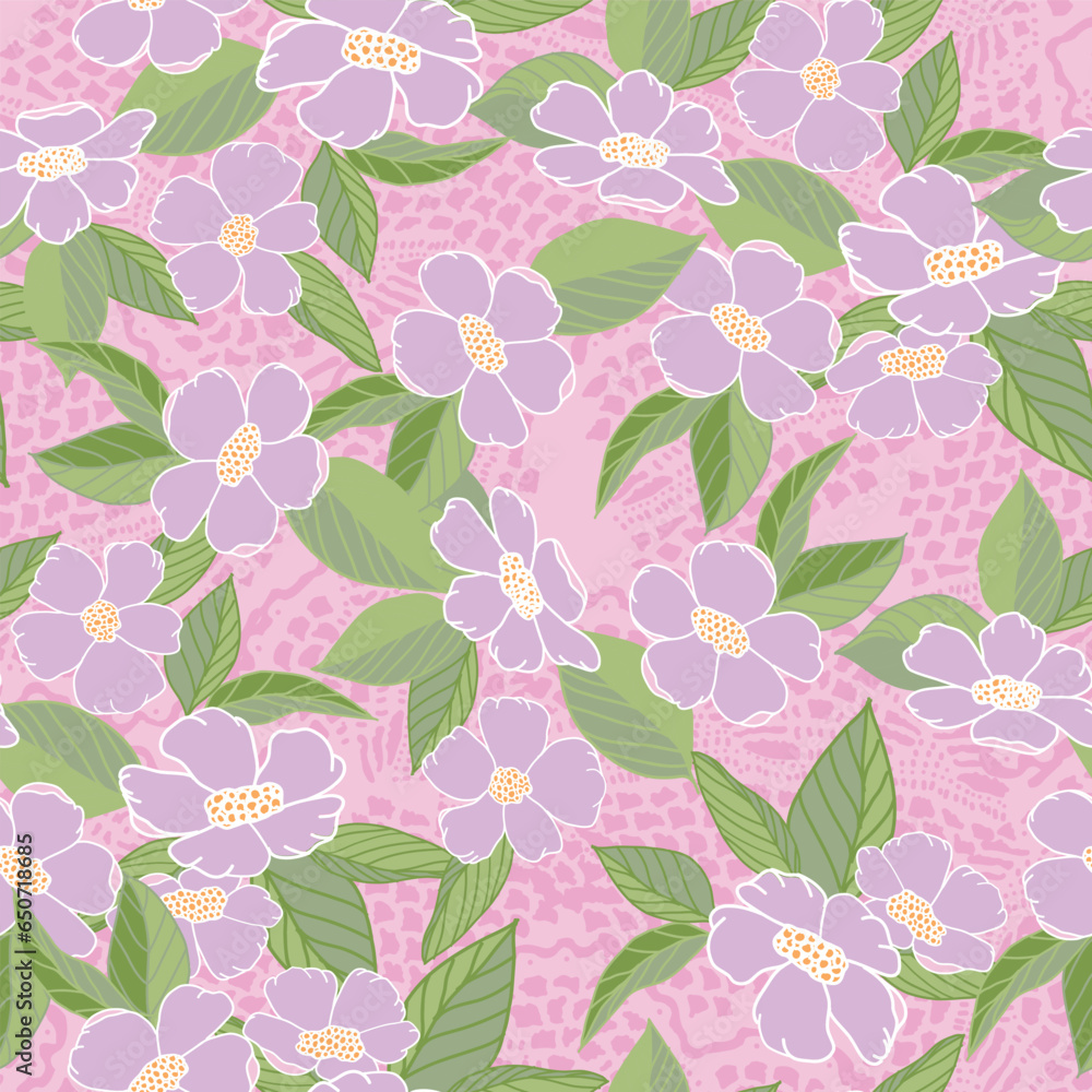 Lavender Wild Roses and Green Leaves on a Pink Doily-Textured Background Creating a Vector Repeat Seamless Repeat Pattern Design