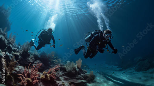Obraz na plátně Divers, underwater, exploring, ocean, sea, marine, adventure, scuba, aquatic, de