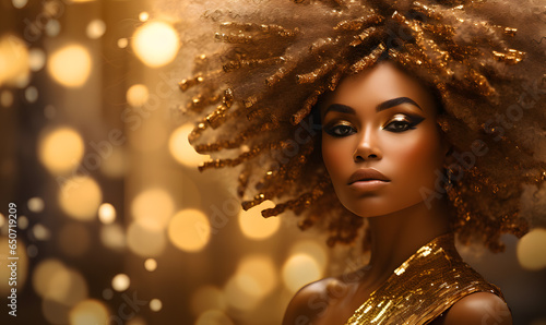 Beautiful black woman in the golden dress