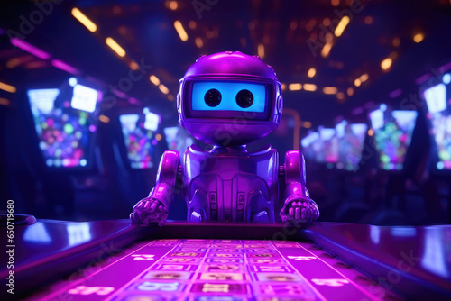 Whimsical Robot Gambles Under Neon Glow © Andrii 