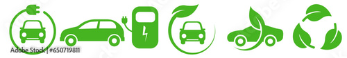 Electric car. Set of green electric car with plug. Electric car charger place. Recharger battery station for automobile. Friendly alternative energy. Vectror illustration