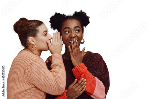 Canvastavla Friends, gossip and shocked woman for secret joke or news on png transparent background with smile on face