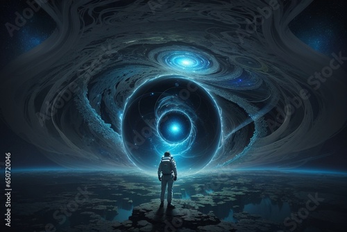 Man in front of a wormhole to another dimension 