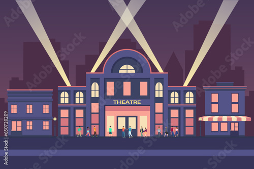 Movie theater or Cinema building on night scene background. Building exterior view in flat style vector illustration.