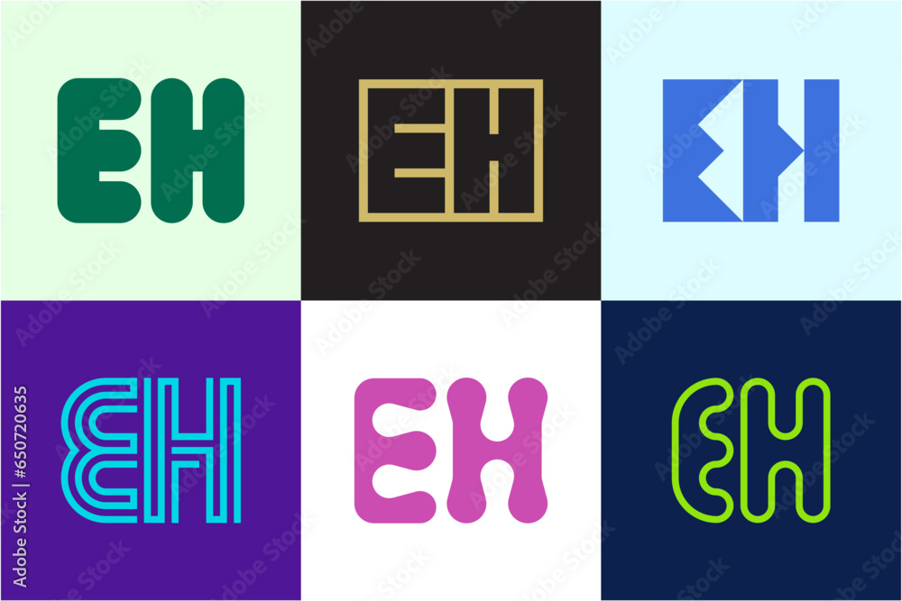 Set of letter EH logos. Abstract logos collection with letters. Geometrical abstract logos Set of letter EH logos. Abstract logos collection with letters. Geometrical abstract logos