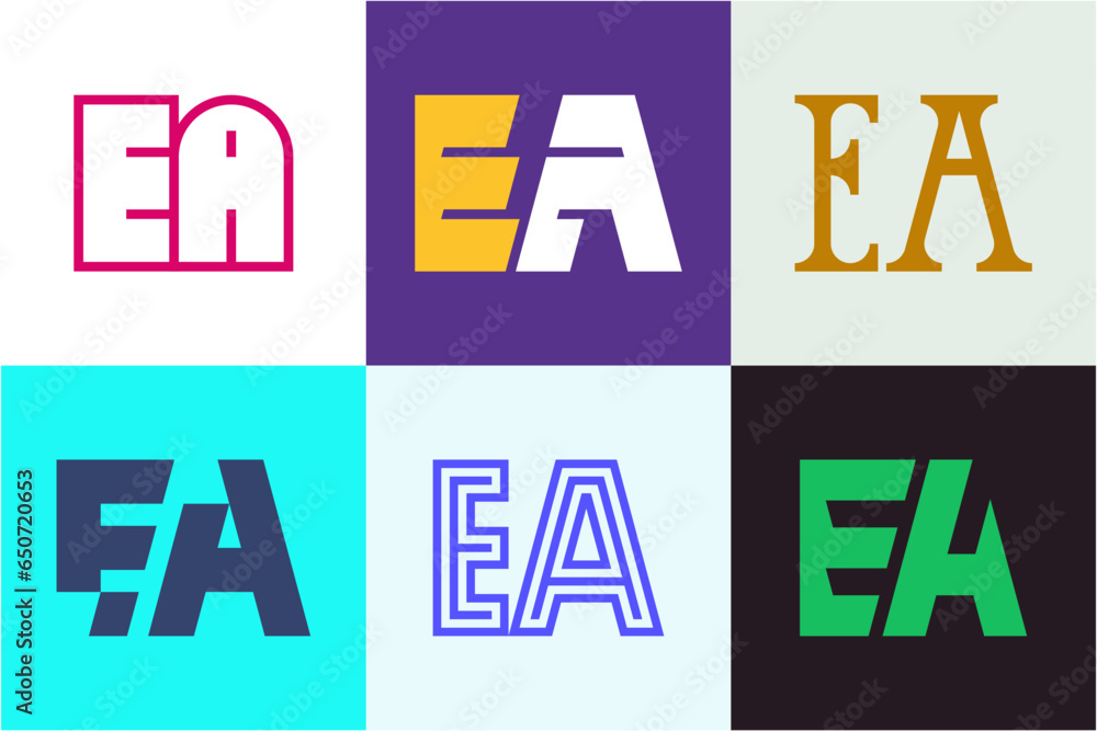 Set of letter EA logos. Abstract logos collection with letters. Geometrical abstract logos Set of letter EA logos. Abstract logos collection with letters. Geometrical abstract logos