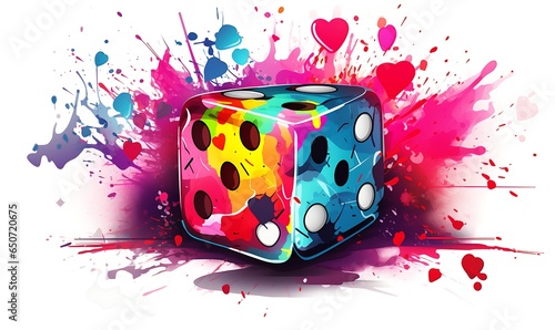Illustration of a dice and a heart covered in neon splashes on a white background, Generative Ai photo