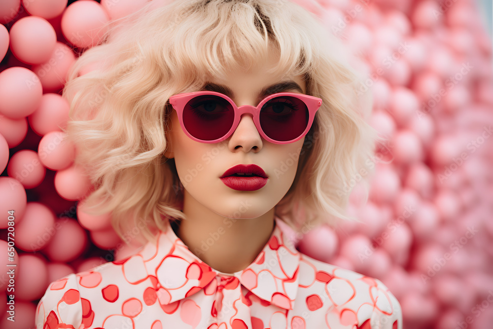 Blonde woman in pink dress and pink sunglasses, in style of playful pop art Blonde woman in pink dress and pink sunglasses, in style of playful pop art