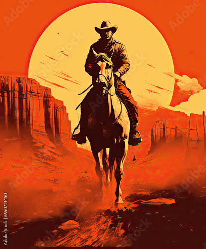 cowboy riding horse at sunset