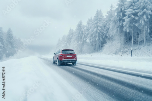 SUV Crossing Snowy Highway in Winter