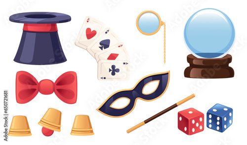Set of classic retro magic tools - wand, hat, bow,playing card and others simple cartoon design vector illustration isolated on white background