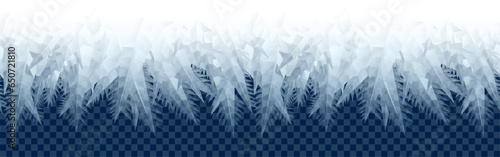 Vector blue ice or frost crystals seamless transparent border on checkered background
