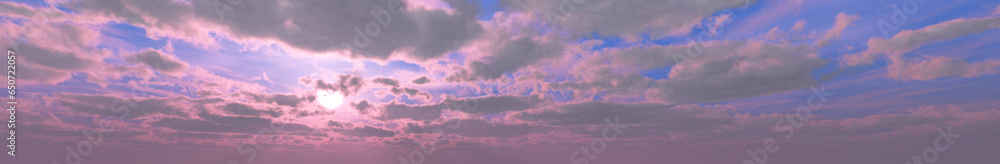 Panorama of sky at sunset with clouds, 3D rendering