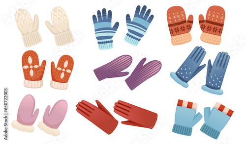 Set of warm textile pairs of winters gloves with different colors and texture vector illustration isolated on white background