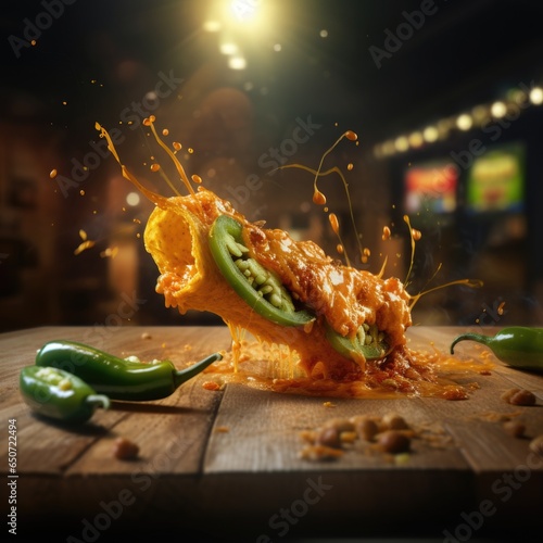Pickled jalapeño slice dipped in spicy nacho cheese with splashes and waves photo