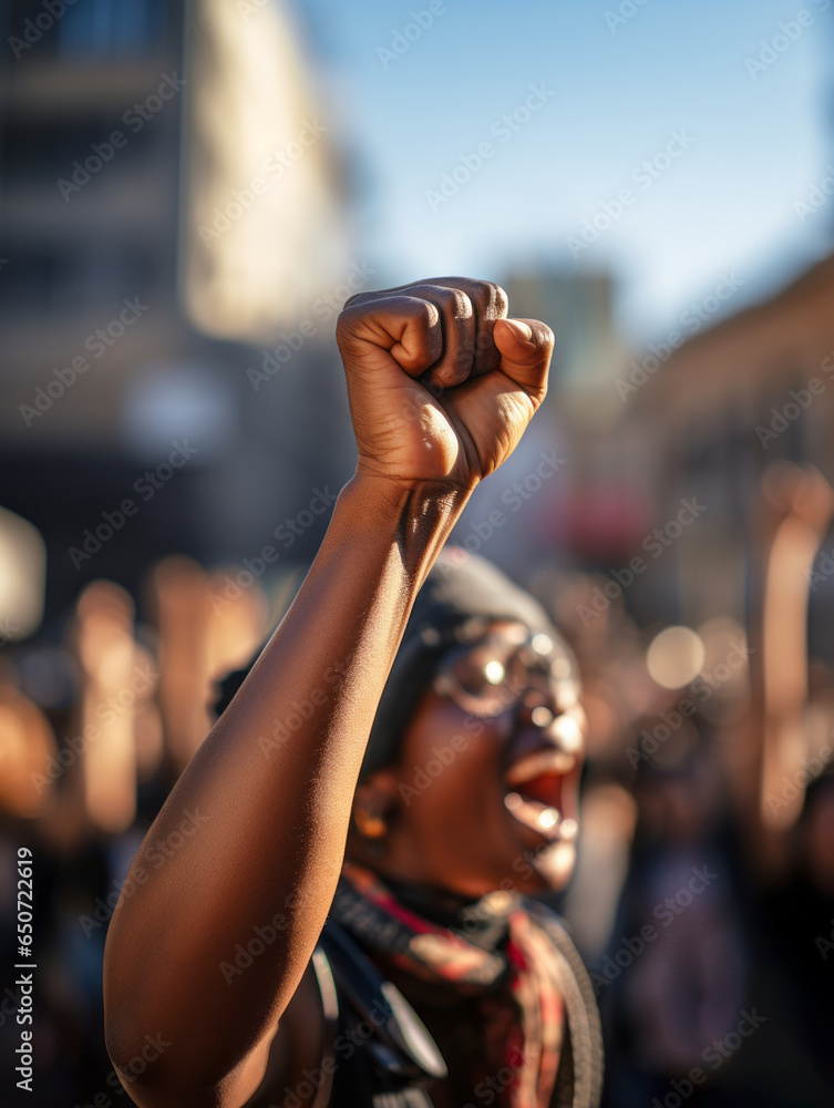 African American people in a crowd fighting and protesting in the street with raised fists against racism and racial discrimination, for change, freedom, justice and equality - Black Lives Matter - obrazy, fototapety, plakaty 