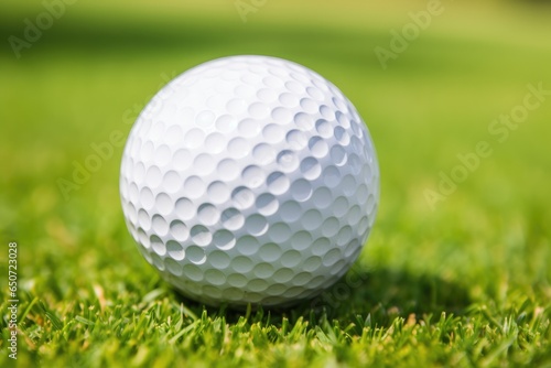 A golf ball on a vibrant green golf course