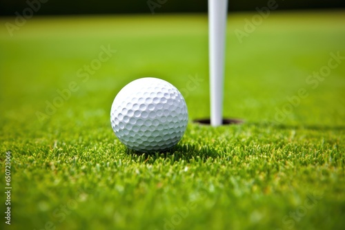 A golf ball on a vibrant green field
