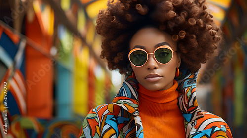 African woman with rainbow colors make up, wearing fashionable colorful sunglasses, in style of afrofuturism photo