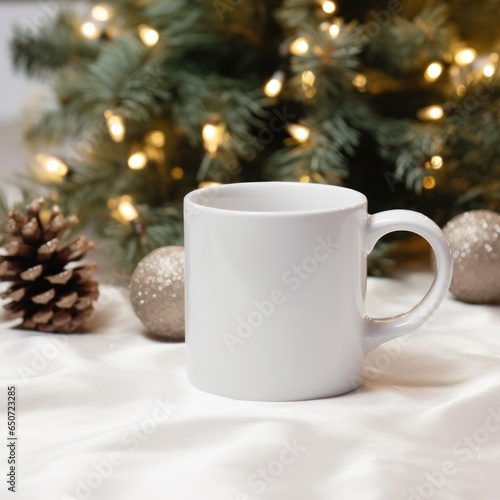 Empty white mug on vintage glamorous christmas decoration background