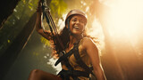 Young woman engaged in a thrilling ziplining adventure through a dense rainforest canopy. She soars above the treetops, her laughter and excitement echoing through the jungle.