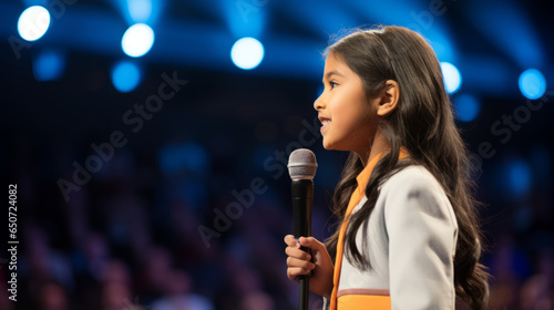 Young kid girl participating in a national spelling bee competition. She stands confidently at the microphone on stage, spelling challenging words with precision in front of the audience photo