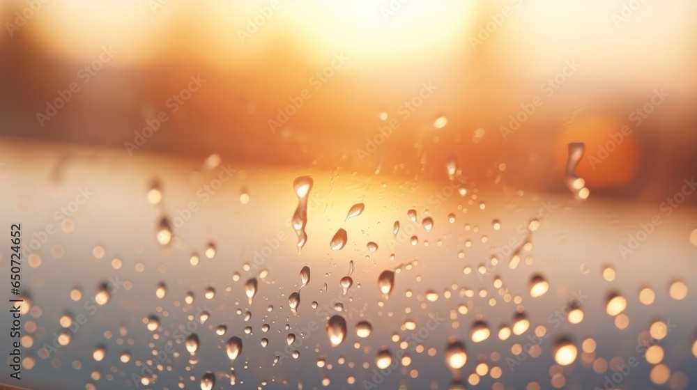Raindrops on a window with a sunlit background - obrazy, fototapety, plakaty 