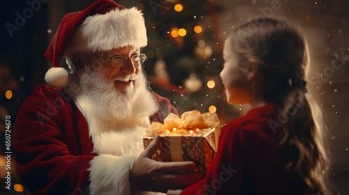 santa claus giving gift to children photo