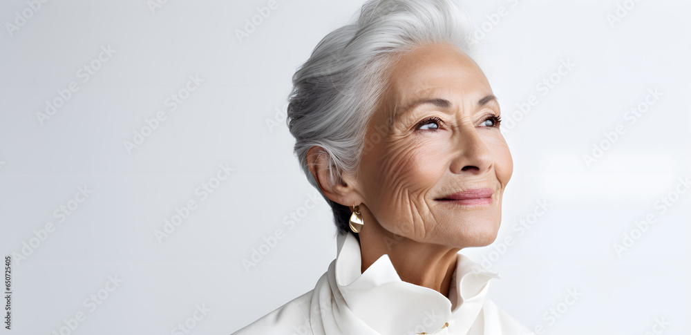 Beautiful mature elderly woman portrait isolated on light grey background